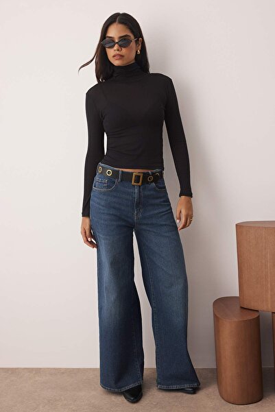 Trendyol Collection Černé pletené tričko s vysokým límečkem, průhledné, přiléhavé/přiléhavé k tělu TWOAW26TS00005