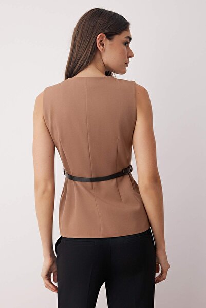 Trendyol Collection Beige Belted Gold Accessory Buttoned Regular Vest Twoaw26Ye00036