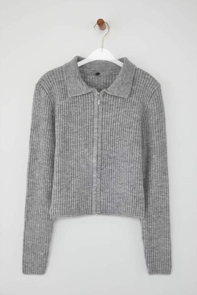 Trendyol Collection Wardrobe Essentials Gray Soft Textured Zippered Knitwear Cardigan |   Twoaw26Hi001771
