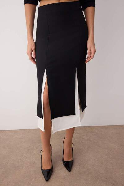 Trendyol Collection Black and White Slit Pencil Crepe Woven Midi Skirt Twoaw26Et00016
