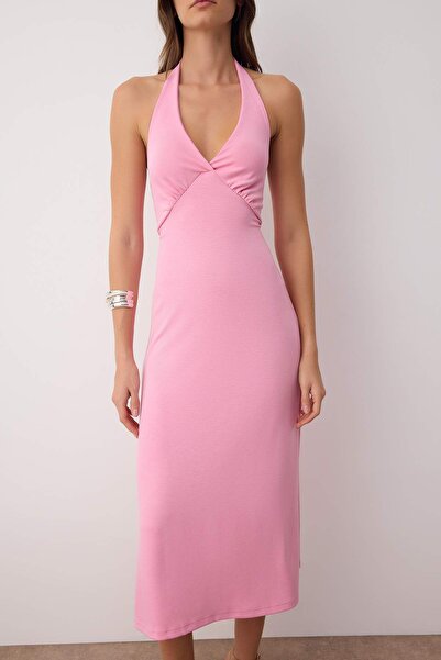 Trendyol Collection Pink Halter Neck Tie Detail Flexible Straight Midi Knitted Dress Twoss25El00902