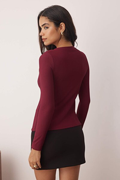 Trendyol Collection Βουργουνδία Οθωμανική Πλεκτή Μπλούζα με Κουμπιά Μακρυμάνικο Πλεκτή Μπλούζα TWOAW26BZ00191