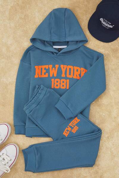 TRENDYOLKIDS Blue*006 Unisex Cotton Slogan Print Hooded Regular Knitted Bottom - Top Set Tkdaw26Au00003