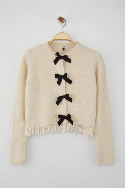 Trendyol Collection Stone Ribbon Detailed Boucle Yarn Knitwear Cardigan Twoaw26Hi00105