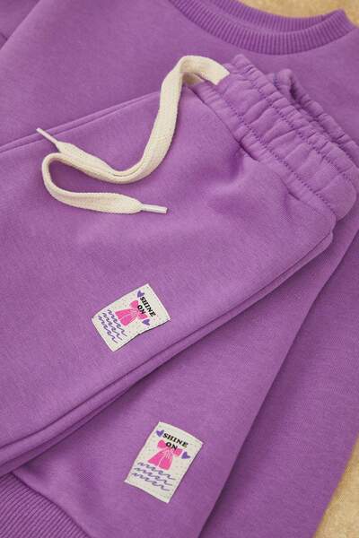 TRENDYOLKIDS Lilac Girls'Cotton Solid Crew Neck Regular Knitted Bottom - Top Set Tkdaw26Au00014