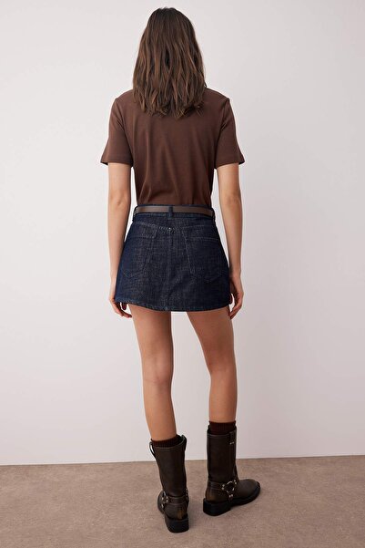 Trendyol Collection Dark Blue Belt Detail Denim Shorts Skirt with Back Skirt Look Twoaw26Sr00020