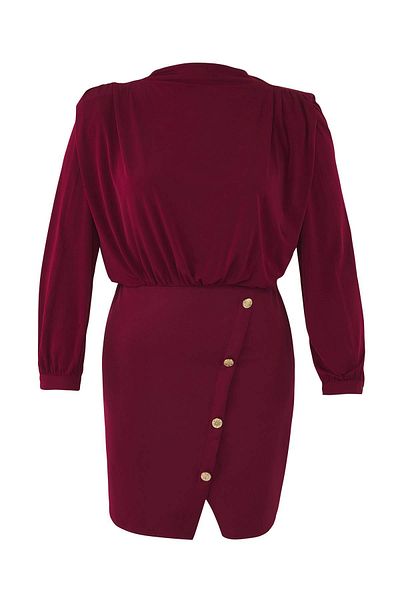 Trendyol Curve Burgundy Body Fitted Padded Button Detailed Mini Plus Size Dress Tbbaw25Ah00117