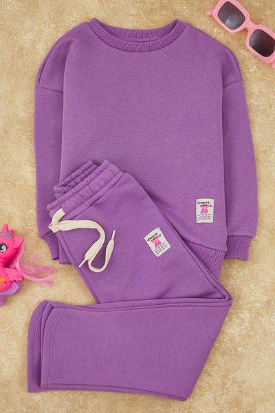 TRENDYOLKIDS Lilac Girls'Cotton Solid Crew Neck Regular Knitted Bottom - Top Set Tkdaw26Au00014