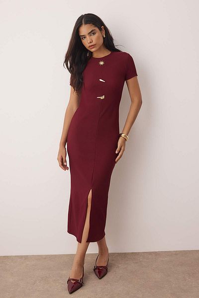 Trendyol Collection Burgundy Button Detail Ottoman Body Fitting Stand Collar Straight Midi Knitted Dress Twoaw26El00197