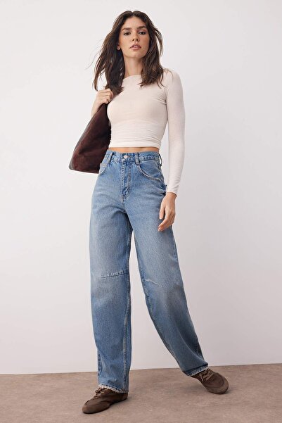 Trendyol Collection Blugi largi cu talie înaltă cu cusături albastre TWOAW26JE00027