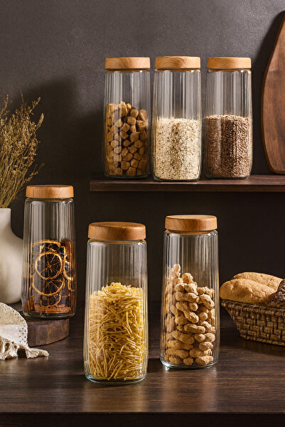 WuuQ 6 Adet 1,5 Litre Büyük Boy Bambu Kapak Görünümlü Çizgili Kavanoz Seti 15...