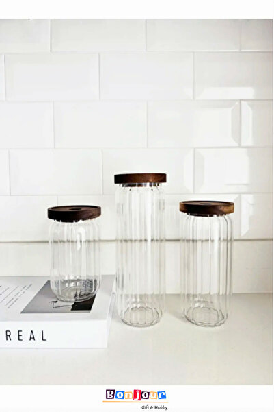 Bonjour Gift & Hobby Akasya Vakum Kapaklı 3’lü Cam Kavanoz Seti / 750-950-130...