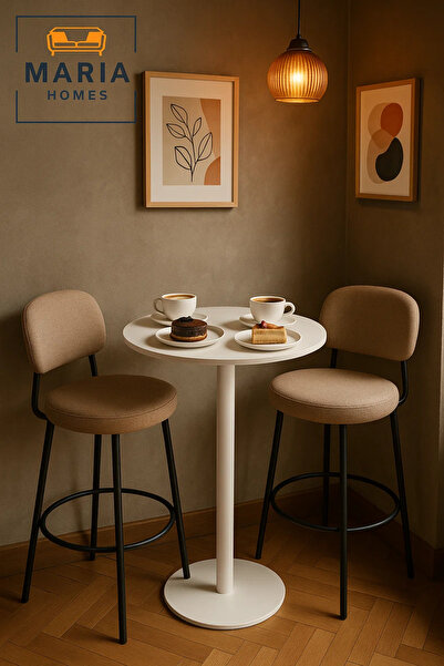 MARIA HOMES طاولة مقهى معدنية دائرية أنيقة باللون الأبيض - تصميم بسيط