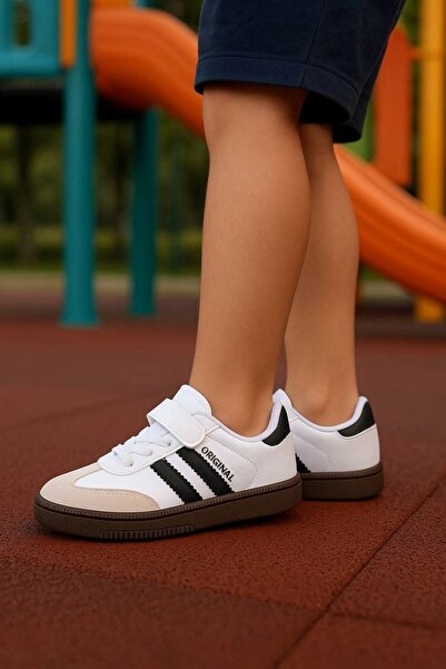 Nstil Günlük Beyaz Siyah Unisex Çocuk Sneaker Bağcıklı Hafif Esnek Kaymaz Taban Ayakkabı 105