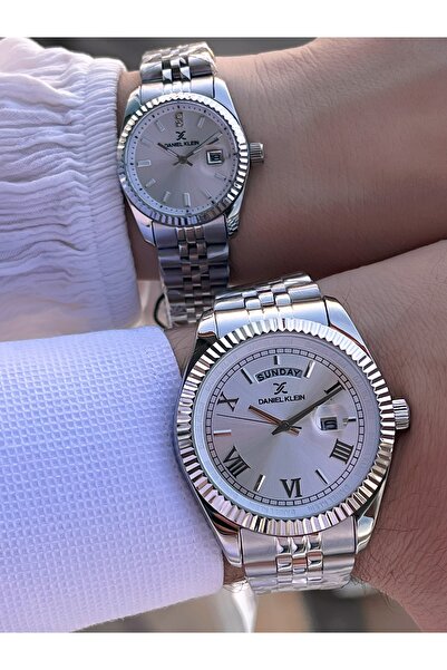 Daniel Klein 30 Mt Water Resistant Silver Calendar Paddy Band Custom Wristwatch for Couples