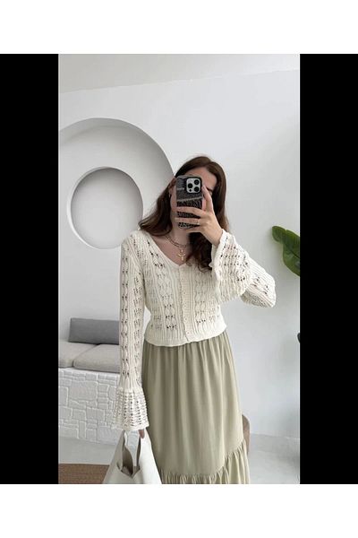 Lusin Women's Ecru Openwork Stylish Cardigan with Spanish Sleeve Detail