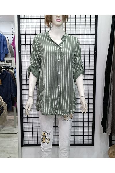 Butik Şans Striped Three Quarter Sleeve Relaxed Fit Italian Cotton Shirt