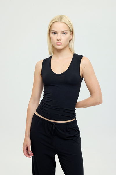 SHEISMONO Ultra Soft V-Neck Sleeveless Blouse Black