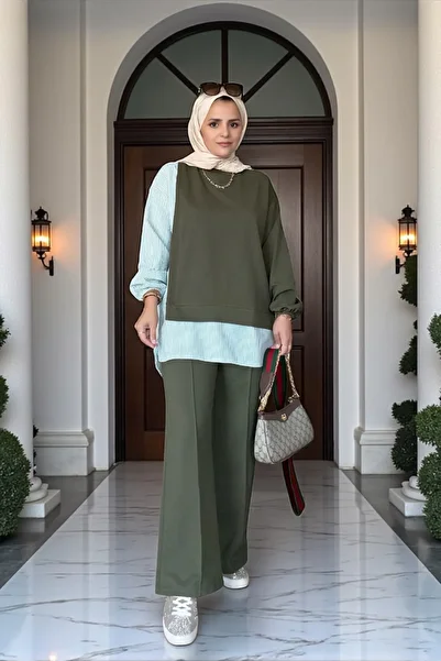 Aselim Hijap Moda Line Shirt Detailed Tunic Double Suit |   Green with Pockets, Wide Legs and Tunic