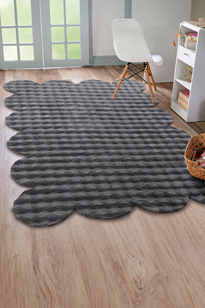 Raschel Carpet Lazer Kesim Koyu Gri Yumuşak Bubble Kaymaz Özel Taban Peluş Ha...