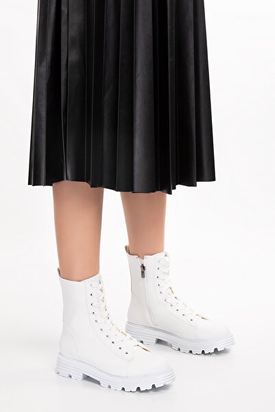 Ramer Cizme albe de damă cu șireturi și fermoar