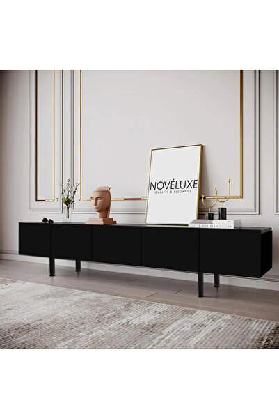 Noveluxe Pure Black 200 CM Siyah TV Ünitesi / Sehpası - MDF, Duvara Monte ve Ayaklı, Düz 5 Kapaklı, Dolaplı