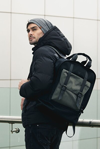 Nordbron Black Unisex Leather Belted Backpack - Adjustable Strap, Laptop Compartment