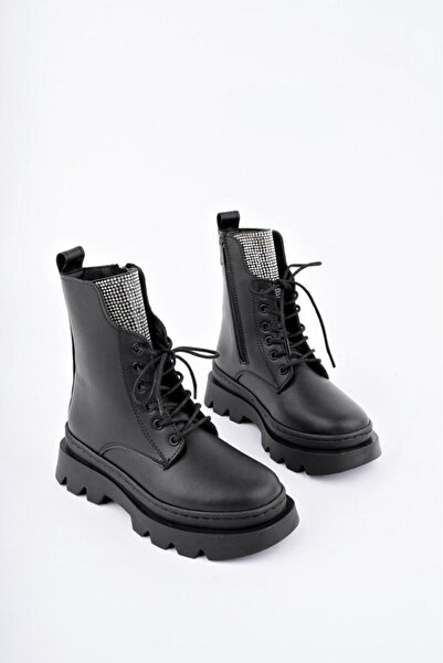 Ramer Siyah Fermuarlı Bağcıklı Lüks Kız Çocuk Botu