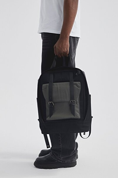 Nordbron Black Unisex Leather Belted Backpack - Adjustable Strap, Laptop Compartment