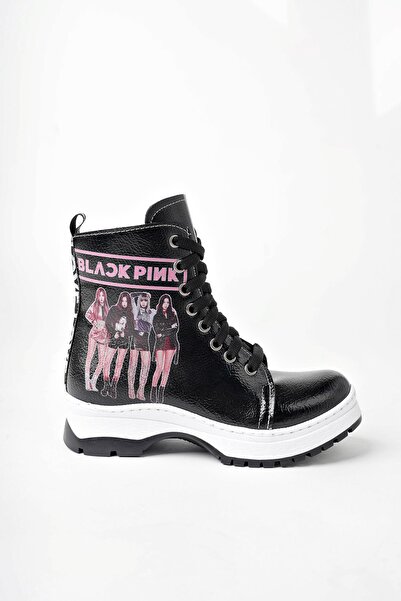 Ramer Siyah Kırışık Rugan BlackPink Fermuarlı Kız Çocuk Botu