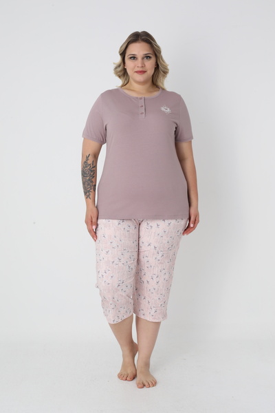 Cotpark Women's Plus Size Viscose Elastane Fabric Short Sleeve Capri Suit 14679