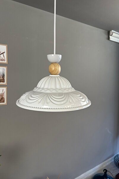 Bamyum Ralivo Beyaz Metal Avize Tekli Ahşap Şapka Başlık Mutfak Modern Dekoratif Sarkıt Aydınlatma