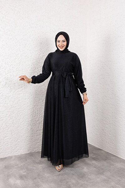 Dm Life Simli Belden Kuşaklı Siyah Tesettür Abiye