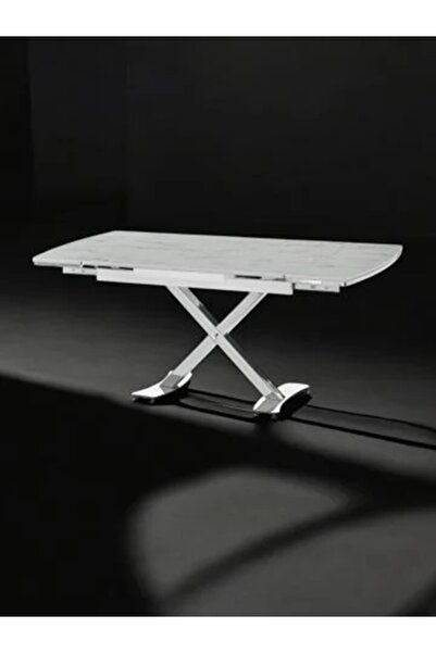 DENGEMA Diamond Açılır Kapanır Masa – Beyaz Mermer, Krom Ayak, 80×120/180 cm, 4–6 Kişilik (Sandalyesiz)