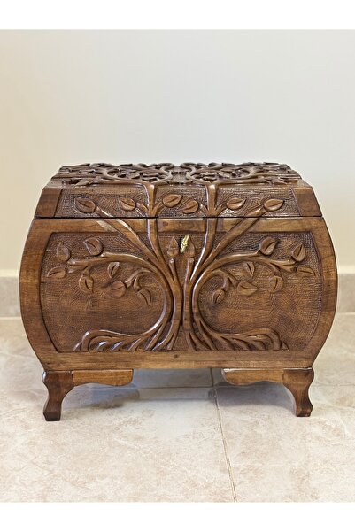 Arıkmert El Sanatları Maraş El Oyma Ceviz Ahşap Çeyiz Sandığı – 50x32x40 cm | Hayat Ağacı Bombeli Model