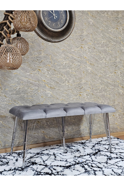 ZAFİR Metal Krom Tel Ayaklı 100 cm Puf Bench - Puf - Bench - Oturak - Mutfak Oturağı - Antre Oturağı