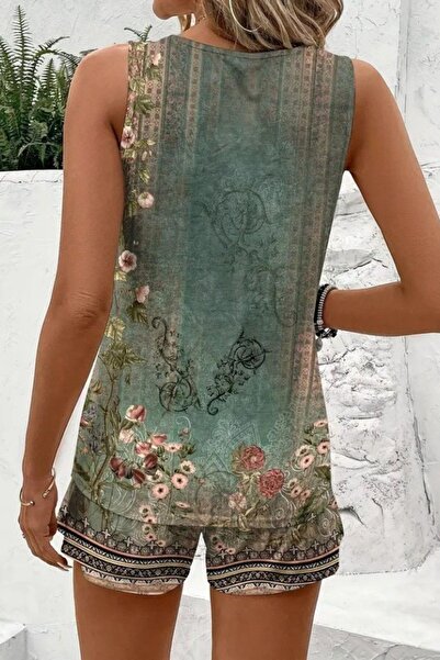 Mossta Sleeveless Floral Printed Single Jersey Blouse Shorts Two Piece Set - Green