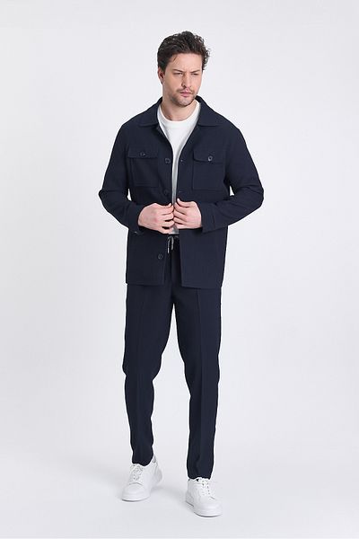 Frappoli Tommas Men's Navy Blue Lycra Flexible Fabric 2-Piece Overshirt Jacket + Jogger Elastic Pants