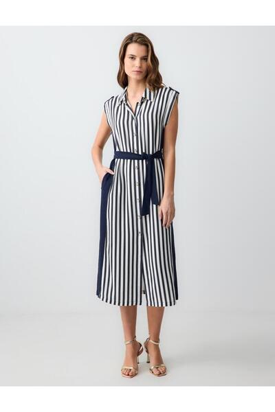 Jimmy Key Navy Blue Relaxed Cut Shirt Collar Line Patterned Sleeveless Linen Midi Dress