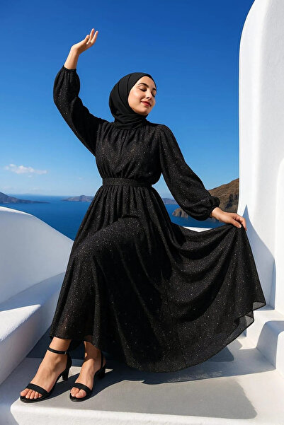 Dm Life Simli Belden Kuşaklı Siyah Tesettür Abiye