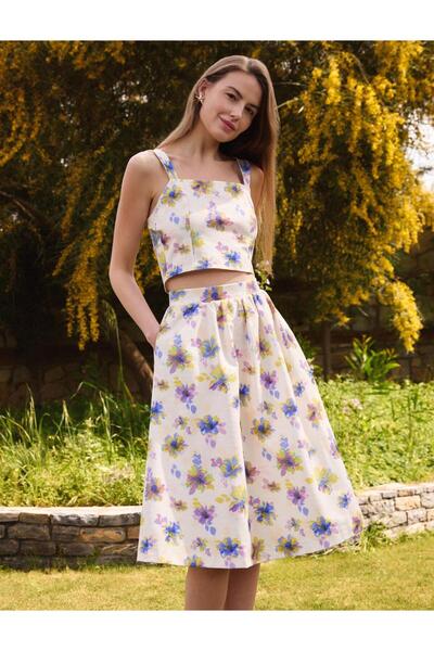 Jimmy Key Beige Relaxed Cut Regular Waist Floral Patterned Knitted Skirt