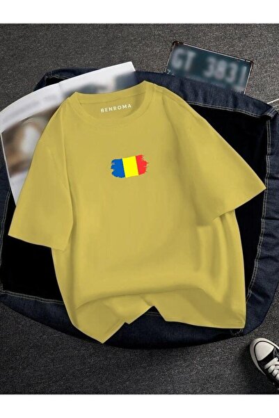 E-ROMA Tricou unisex imprimat cu steagul Rumâniei supradimensionat