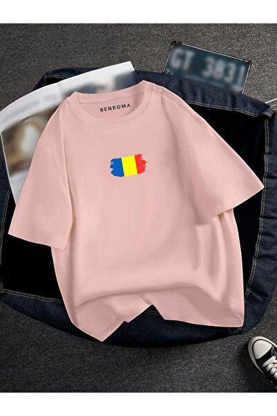 E-ROMA Tricou unisex imprimat cu steagul Rumâniei supradimensionat