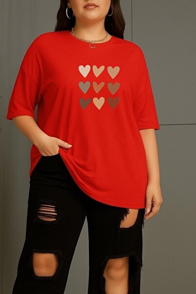 BENROMA Büyük Beden Sıralı Kalpler Baskılı Unisex Tişört