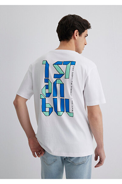 Mavi İstanbul Baskılı Beyaz Tişört Loose Fit / Bol Rahat Kesim 0612989-620
