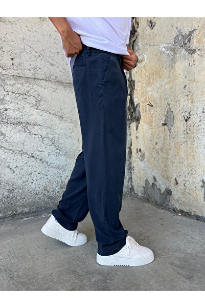 DİFRANSEL Men's Cotton Fabric Navy Blue Baggy Trousers