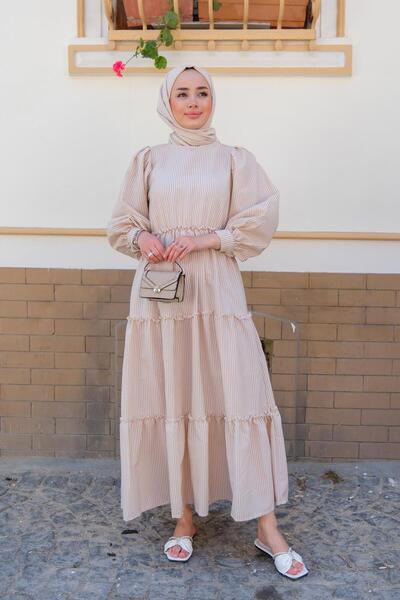 HARMONY GLOBAL Μπισκότα Sue ριγέ φόρεμα με πλισέ Seersucker Muslin Fabric Hijab 3025