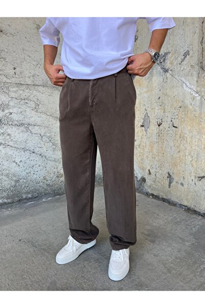 DİFRANSEL Men's Cotton Fabric Coffee Baggy Trousers