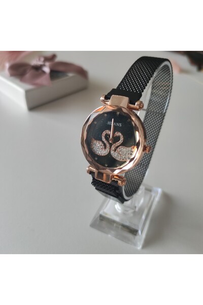 Airmag Ceas magnetic negru pentru femei cu lebede