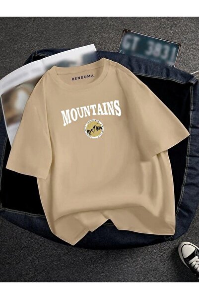 E-ROMA Tricou unisex cu imprimeu de munte supradimensionat